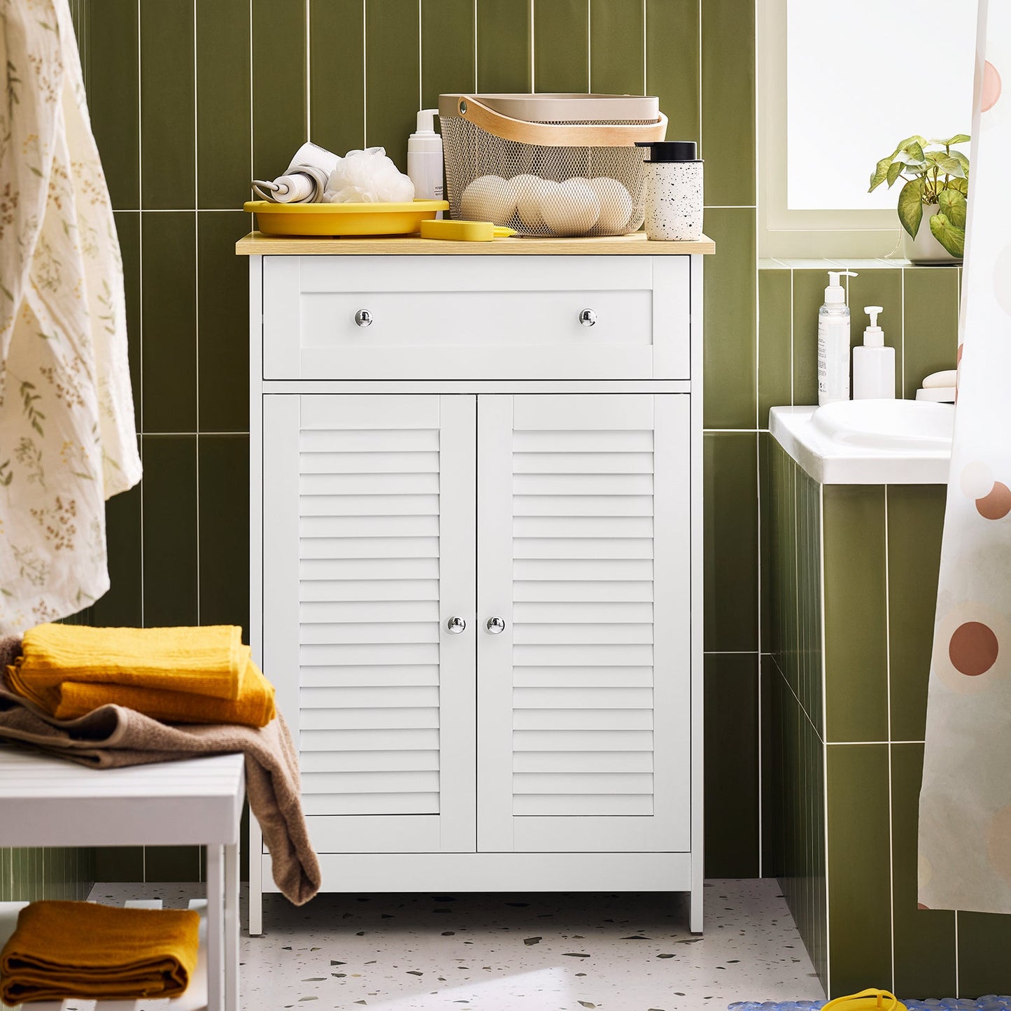 SoBuy FRG238-WN Armoire de toilette avec tiroir et portes - Blanc/Nature - 60x88x35 cm - Armoire de rangement polyvalente