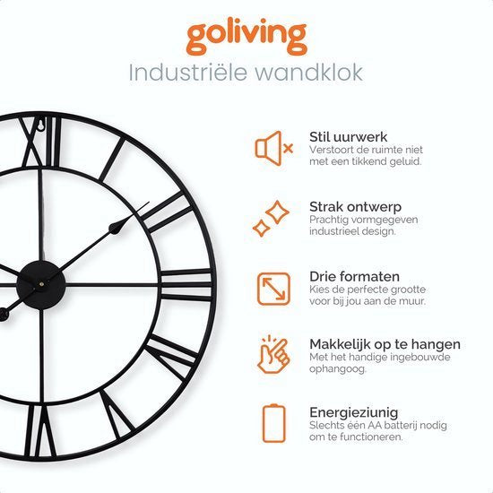 Horloge murale industrielle Goliving - Mouvement silencieux - Horloge murale moderne - Métal - Ø 60 cm - Noir