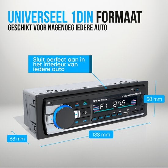 Autoradio Bluetooth - Strex - Compatible tous véhicules - USB - AUX - Mains libres - Noir