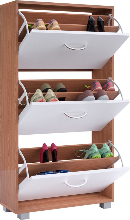 Armoire à chaussures - 3 volets - 115x60x24cm - 18 paires Hêtre/Blanc