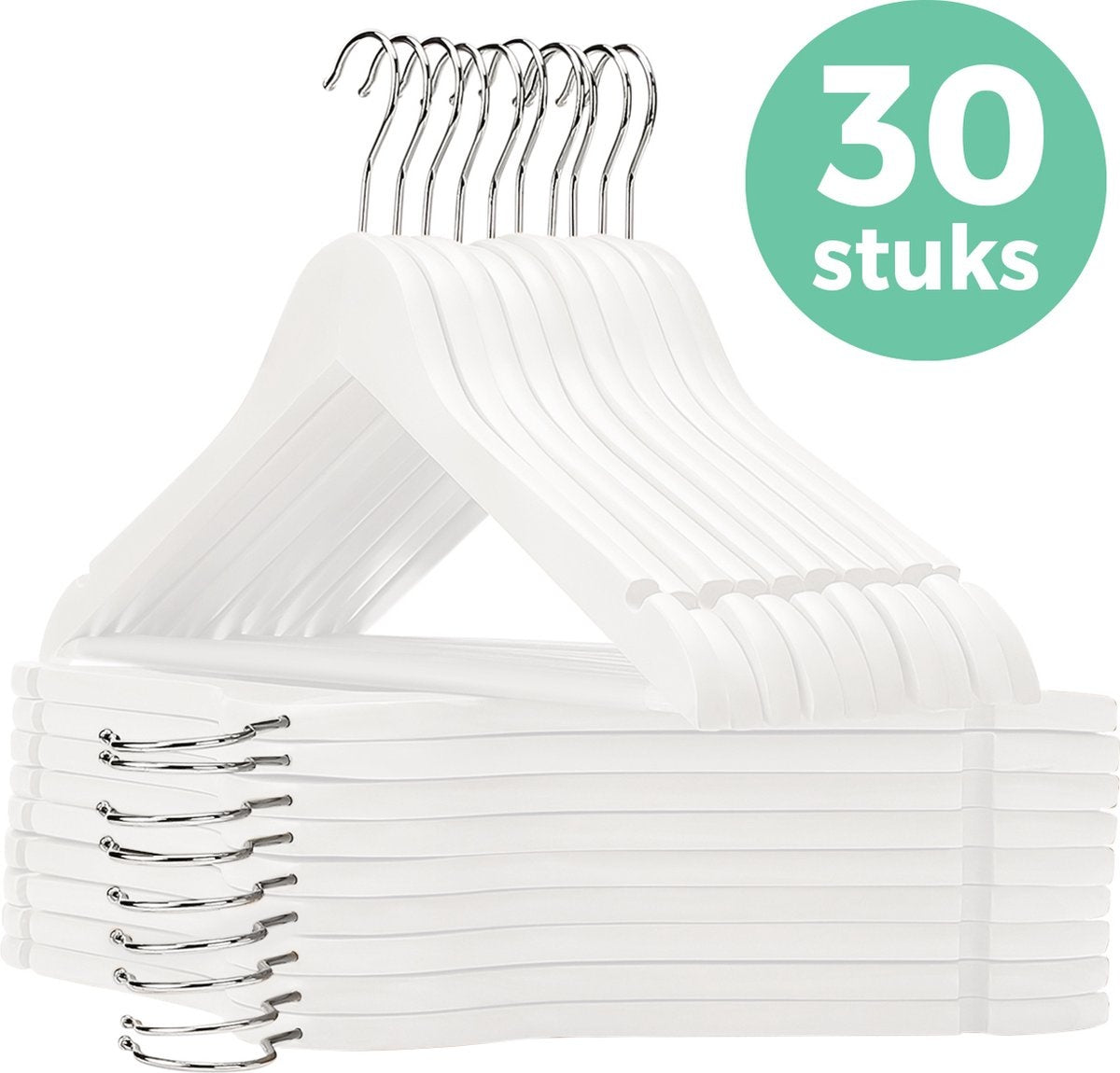 LifeGoods Cintres - avec barre de pantalon - bois dur - blanc - 30 pièces
