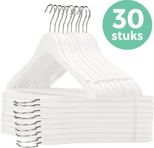 LifeGoods Cintres - avec barre de pantalon - bois dur - blanc - 30 pièces