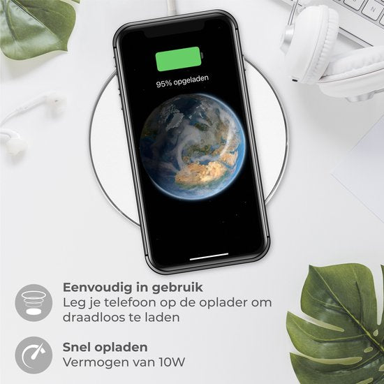 Nuvance - Chargeur sans fil 10W - Câble inclus - Chargeur sans fil - Chargeur rapide - Convient à tous les Smartphones Qi - Blanc et Argent