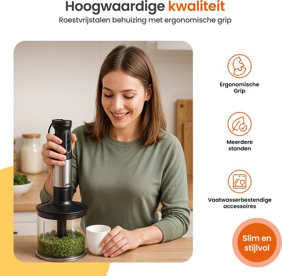 Goliving Hand Blender Set 5-in-1 - Hachoir - Tasse à mesurer - Fouet - 1000W - Accessoires lavables au lave-vaisselle - acier inoxydable - Noir