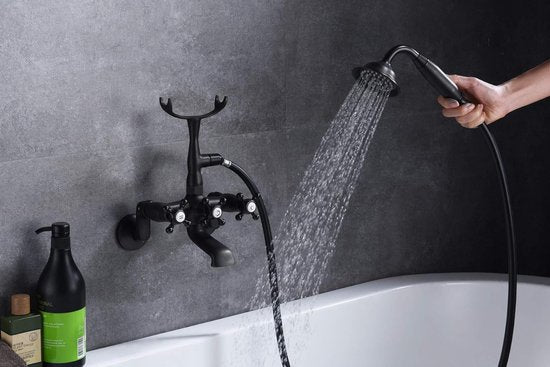 Sumerain - Vintage Wall Mount Freestanding Bath Tap - Matt Black - Hand Shower