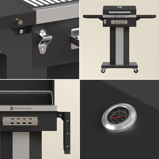 Barbecue au charbon de bois – KitchenBrothers – Barbecue Grill - Avec couvercle, grille de réchauffage & roulettes – 81 x 48 x 94 cm – Noir