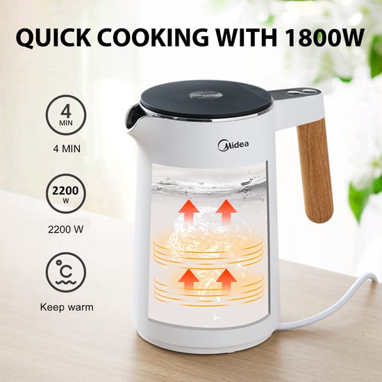 Bouilloire électrique Midea - MK-HE1533 - Capacité de 1,5 L - 7 réglages de température