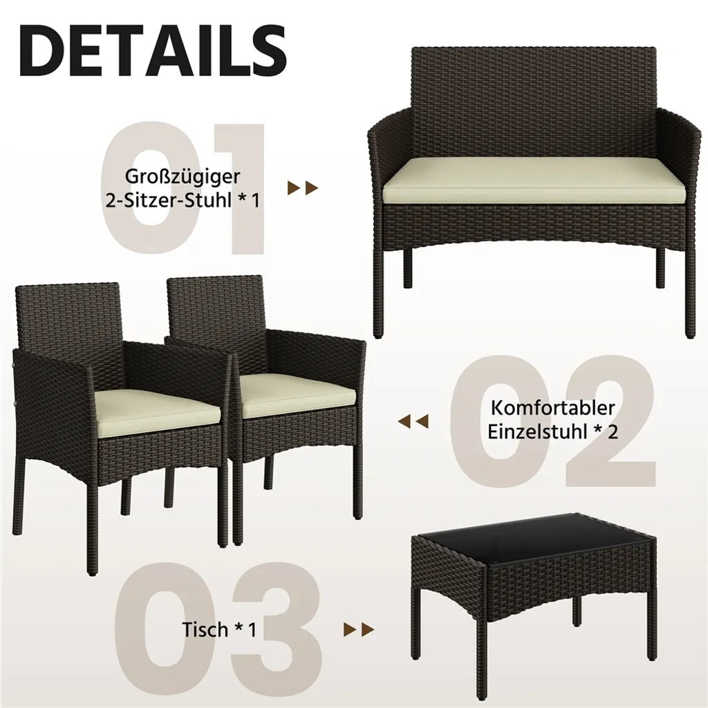 Ensemble de salon Yaheetech en polyrotin, 4 pièces - Marron/Beige - Ensemble de jardin comprenant un canapé 2 places, 2 chaises et une table
