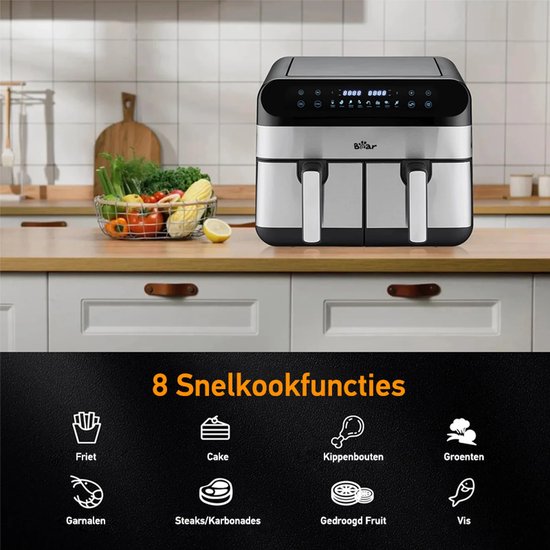 Friteuse à air chaud Bear Double – Friteuse à air chaud 9 L avec 2 paniers – 2 400 W – Réglage indépendant de la température et 8 programmes – Écran numérique – QZG-F24F1
