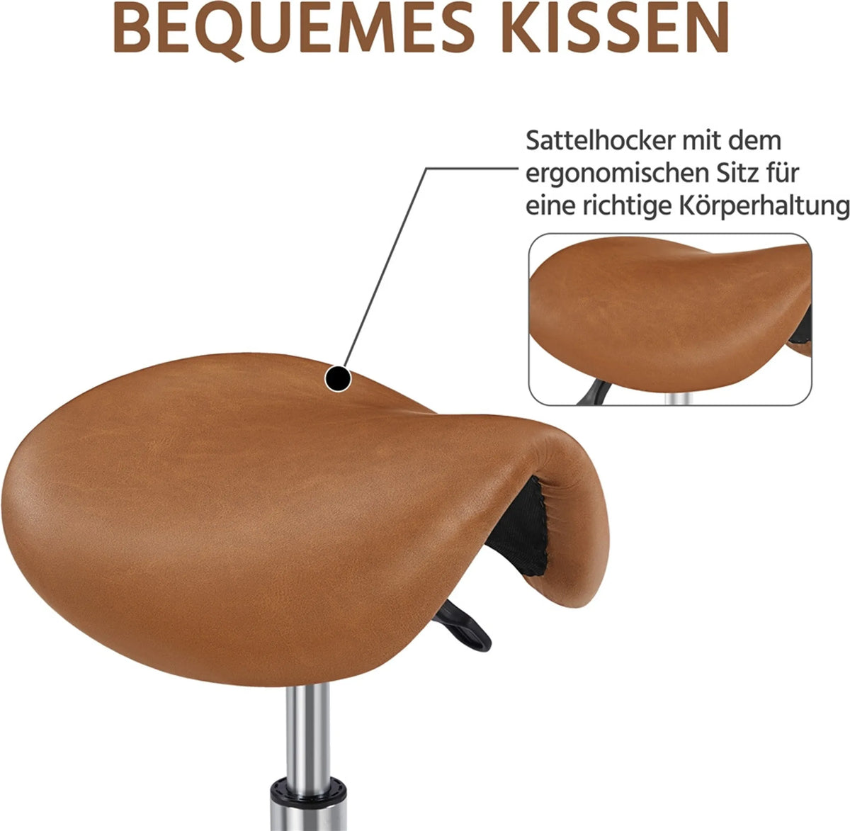 Yaheetech Tabouret de selle ergonomique - équipé d'un élévateur à gaz SGS réglable en hauteur et de roues en nylon pivotantes à 360° et d'une base chromée - pour salon de coiffure et cabinet - cuir synthétique PU marron rétro et métal - 50 x 50 x 45,5-60