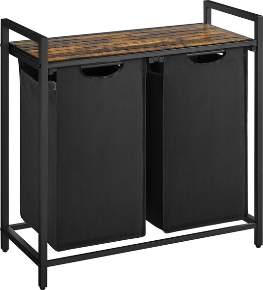 O'DADDY® Panier à linge 2 compartiments - trieur de linge extensible avec étagère - 73 x 33 x 72 cm - métal - noir avec marron
