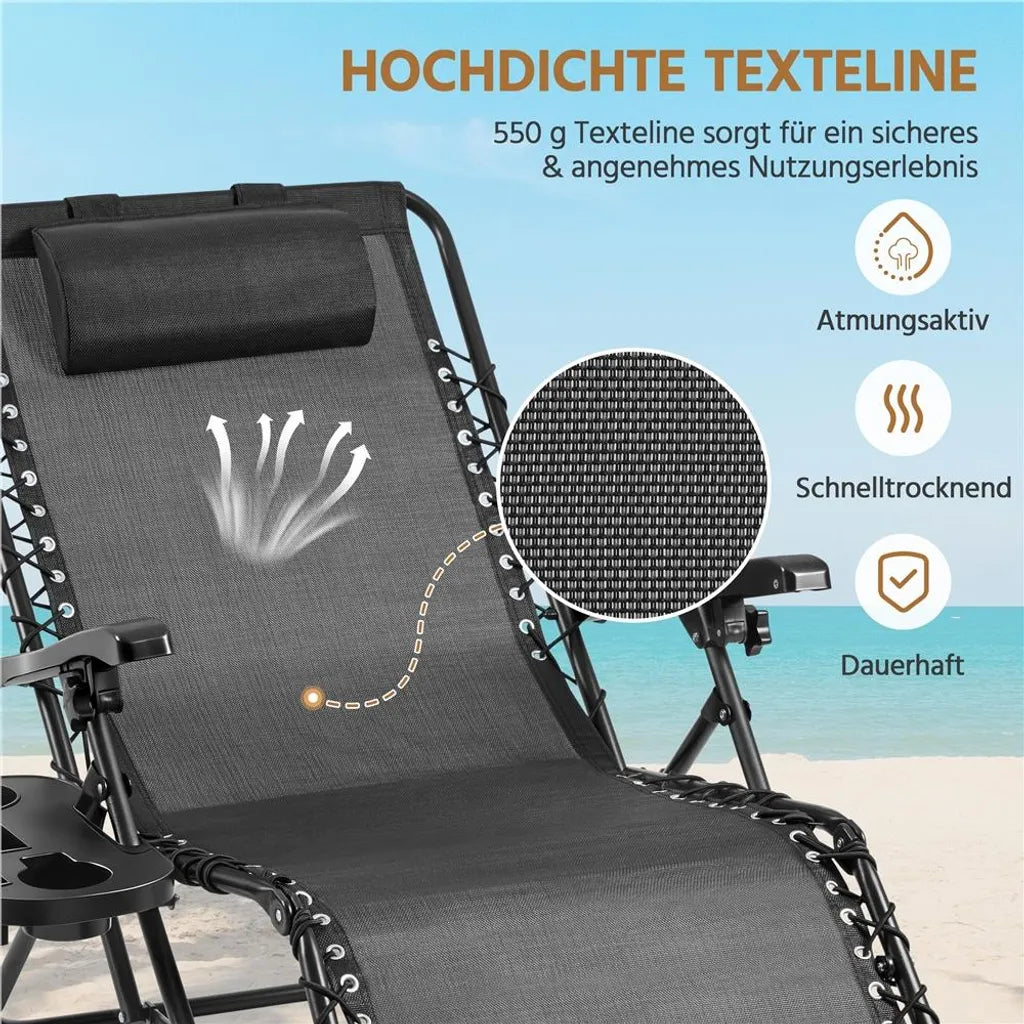 Yaheetech Zero Gravity Lounger 166.5 x 74.5 cm - Ajustable - Pliable - Coussin de tête - Porte-gobelet - Noir