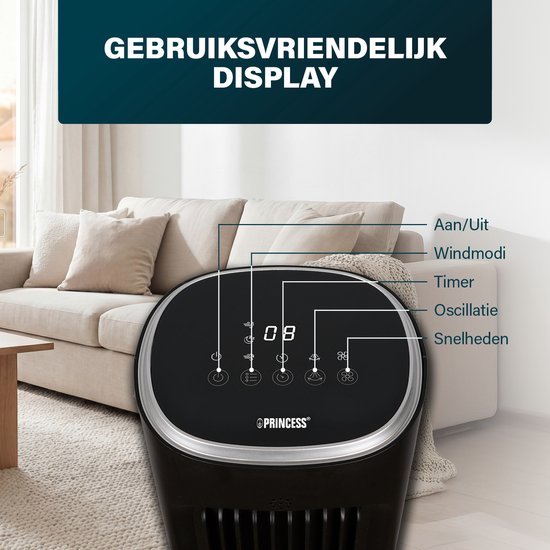Ventilateur sur pied Princess DC 101 cm – Ultra silencieux – 12 vitesses – Oscillation – Minuterie 1 à 8 heures – Avec télécommande – Ventilateur sur pied – 50 W – Noir – 352390