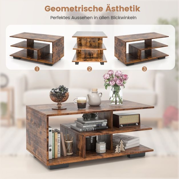 Table basse Coast à 3 niveaux – 90 x 50 x 42 cm – Naturel/Blanc ou Brun rustique