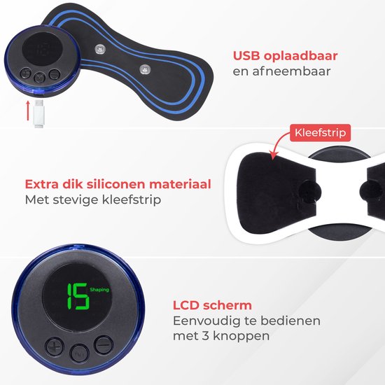 Nuvance - Appareil de massage EMS avec commande - Livret et 6 tapis de massage réutilisables inclus - Stimule la circulation - Convient pour le dos, les bras et les jambes - Sans fil - 8 niveaux et 19 intensités - Noir/Bleu