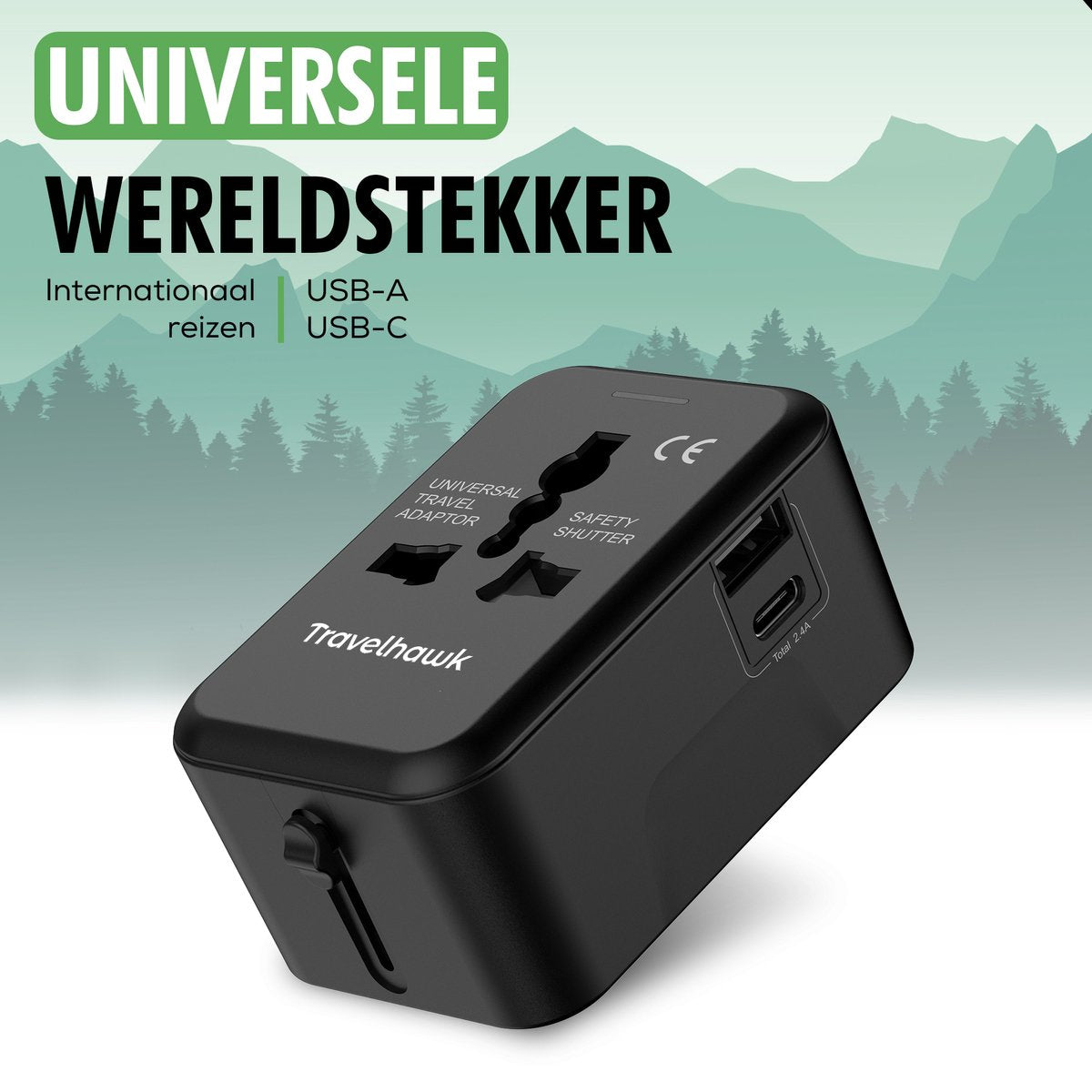 TravelHawk Universal World Plug Noir - Port USB-C et USB - Pour plus de 150 pays - Compact 7,5 x 5 x 3,5 cm