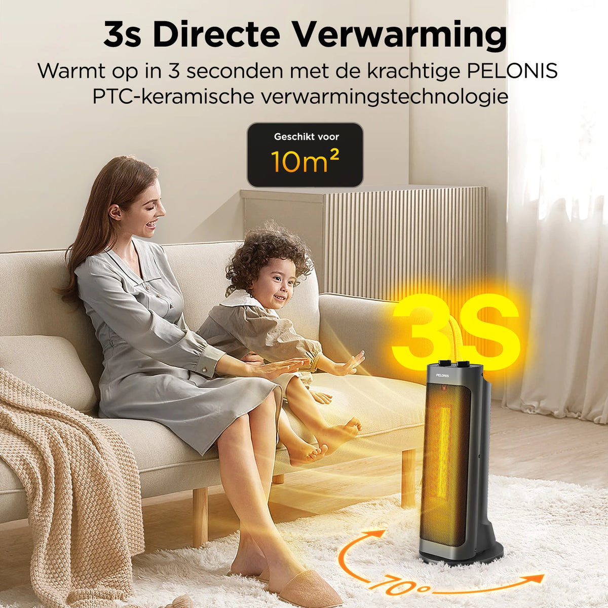 Radiateur soufflant en céramique PELONIS 2000 W – Oscillation à 70° – Chauffage PTC – 4 niveaux de chaleur