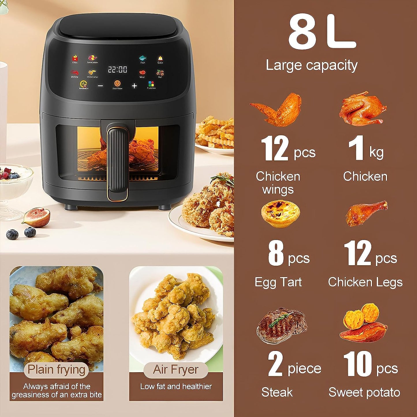 Airfryer XXL - Friteuse à air chaud - 6L - 240W - 280 x 26 x 32 cm - Noir