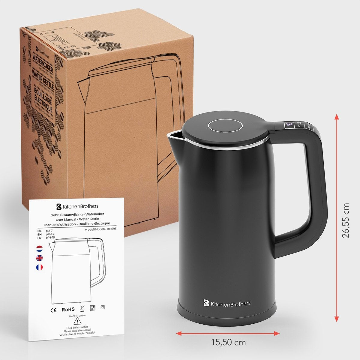 Bouilloire électrique 1.7L - KitchenBrothers - Avec contrôle de la température - 1800W - acier inoxydable - Noir