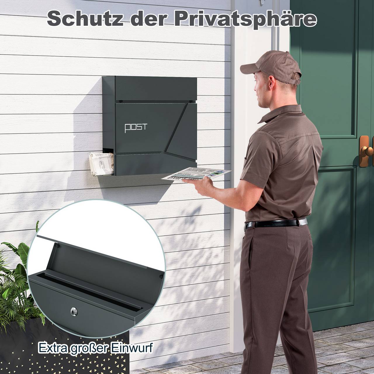 Boîte aux lettres Woltu avec compartiment à journaux - Anthracite - Acier - 37 x 37 x 10,5 cm