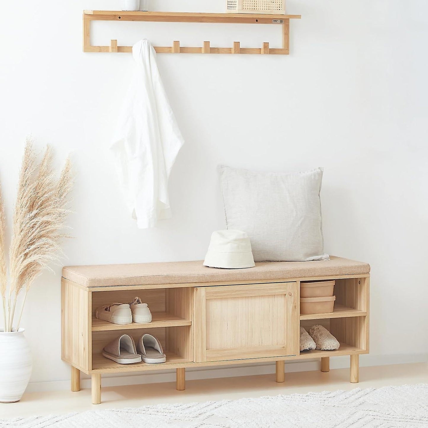 SoBuy Meuble à chaussures avec coussin d'assise - 2 portes coulissantes - Rustique - 1212 x 35 x 49 cm - Marron