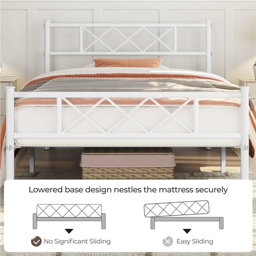 Yaheetech Cadre de lit 90 × 200 cm - Métal blanc - Lit simple avec tête de lit X-Design, sommier à lattes et espace de rangement de 32 cm