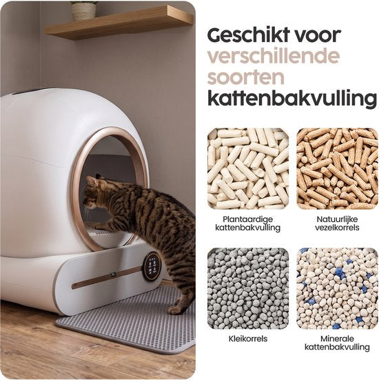 Bac à litière automatique Infinity Goods XXL - Bac à litière autonettoyant - Avec application - 75 L - Avec tapis de bac à litière et 3 rouleaux de sachets de rangement - Blanc/Or rose
