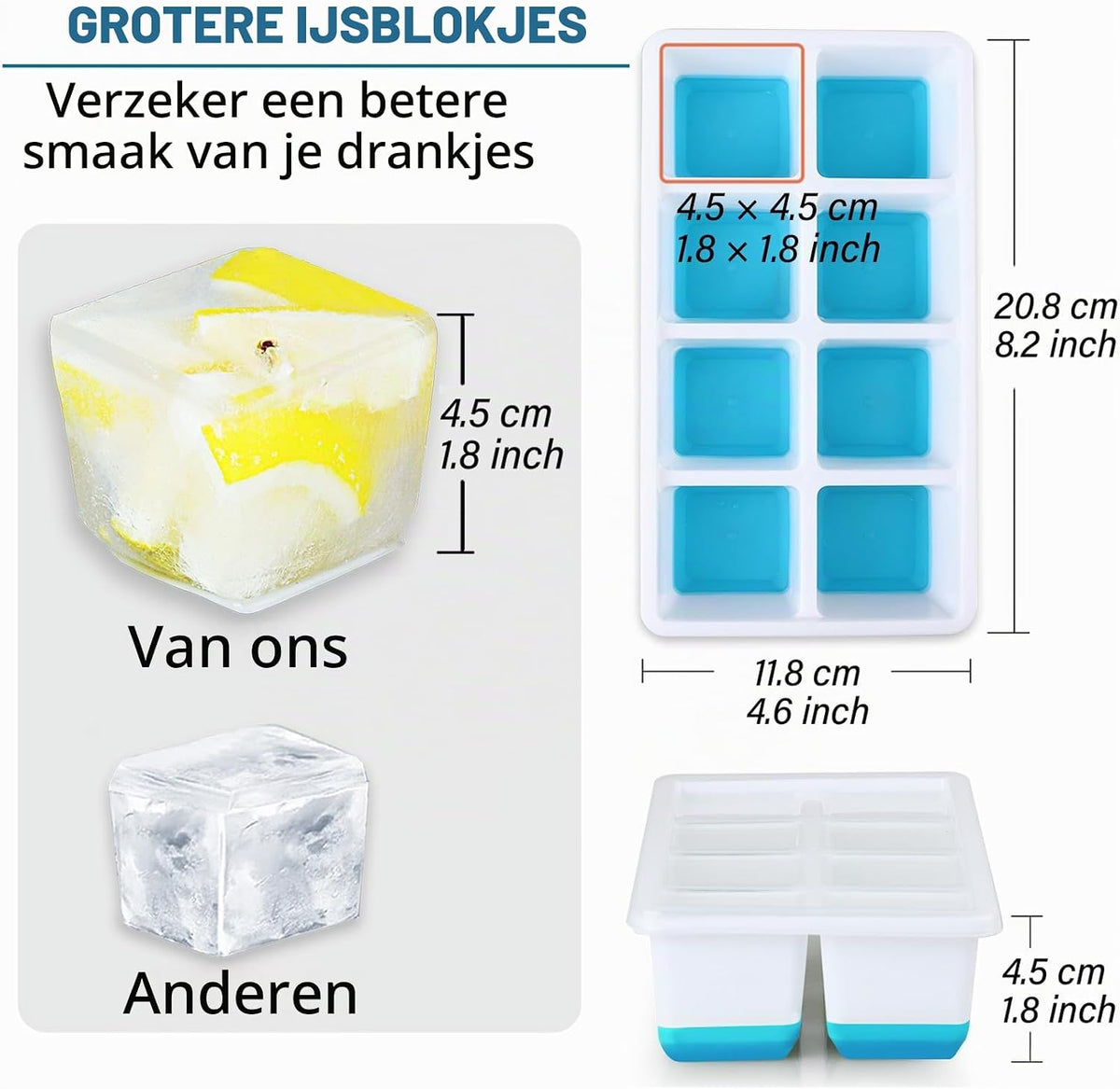 Moule à glaçons en silicone grand format avec couvercle, lot de 2 - Glaçons de 4,5 x 4,5 x 4 cm - Sans BPA et empilables - Rose