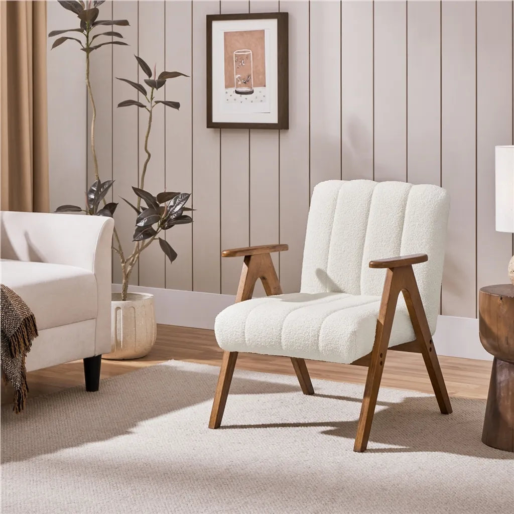 Yaheetech Armchair White - Chaise longue bouclée avec accoudoirs et pieds en bois - 60,5 x 68,5 x 73 cm