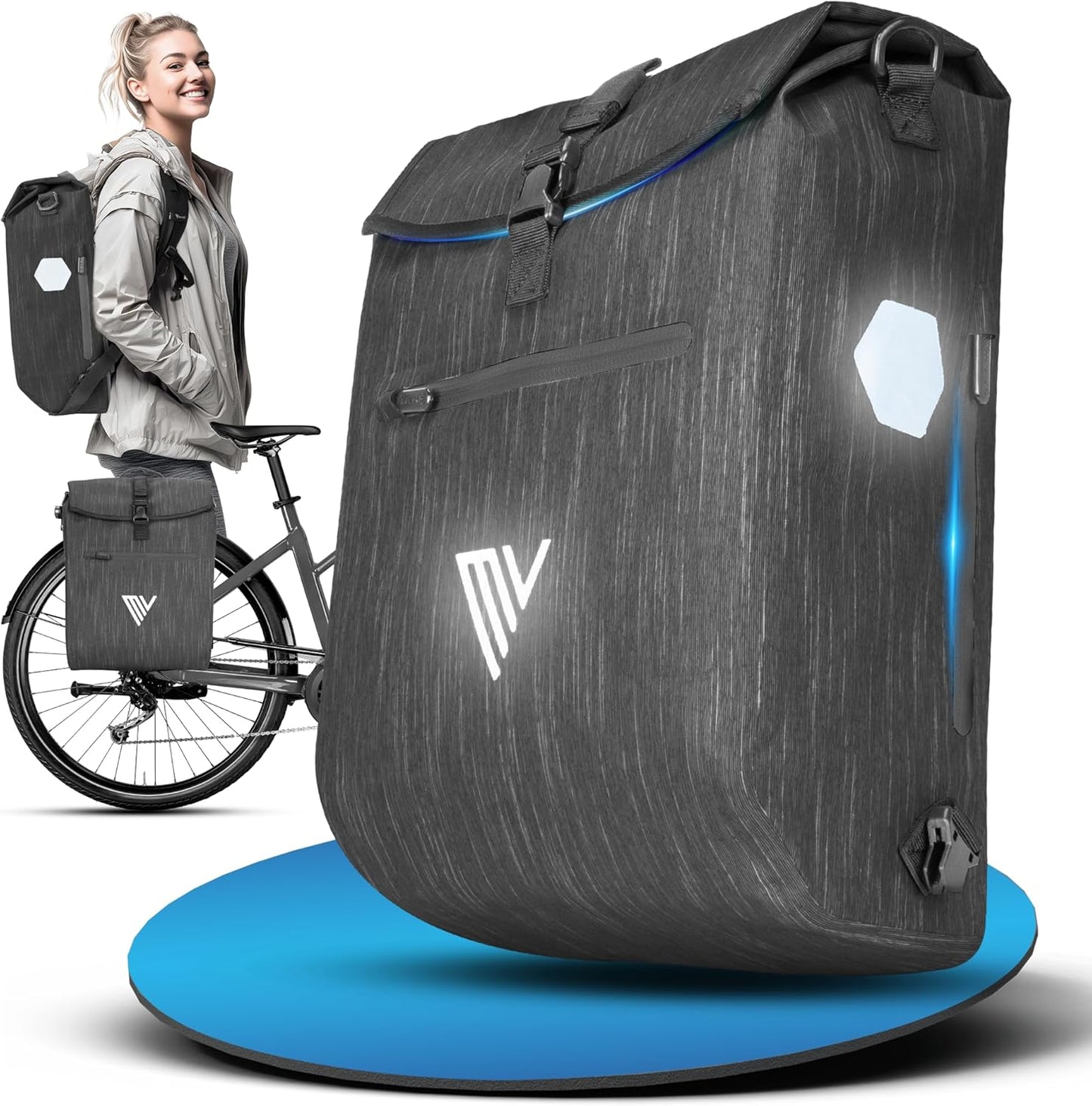 Sac de vélo MIVELO 3 en 1 - sac de porte-bagages et sac à dos - 20 litres, couleur graphite - imperméable - compartiment rembourré pour ordinateur portable - bandes réfléchissantes