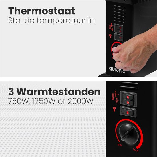 Auronic Convecteur électrique - 750/1250/2000 Watts - Avec ventilateur - Chauffage - Ventilateur - Noir