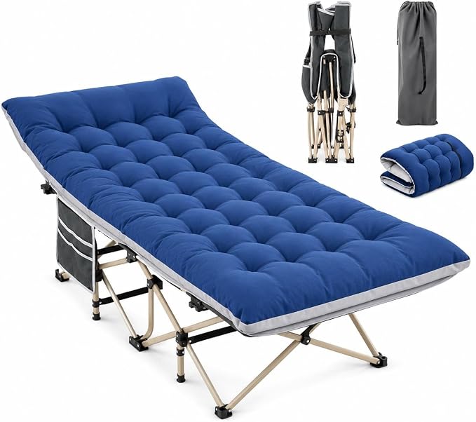 Lit de camping pliable Yaheetech avec matelas - 190 x 68 cm - Noir - Lit de camp avec sac de transport et poches de rangement