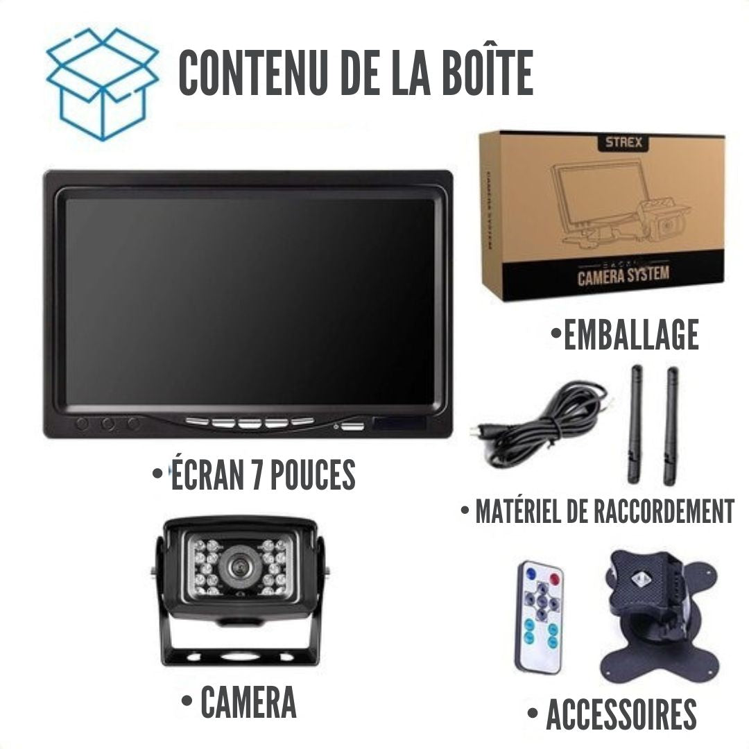 Ensemble de caméra de recul Strex sans fil - Écran 7" - Vision nocturne 18LED 15m - IP67 étanche - Convient pour tous types de véhicules - noir