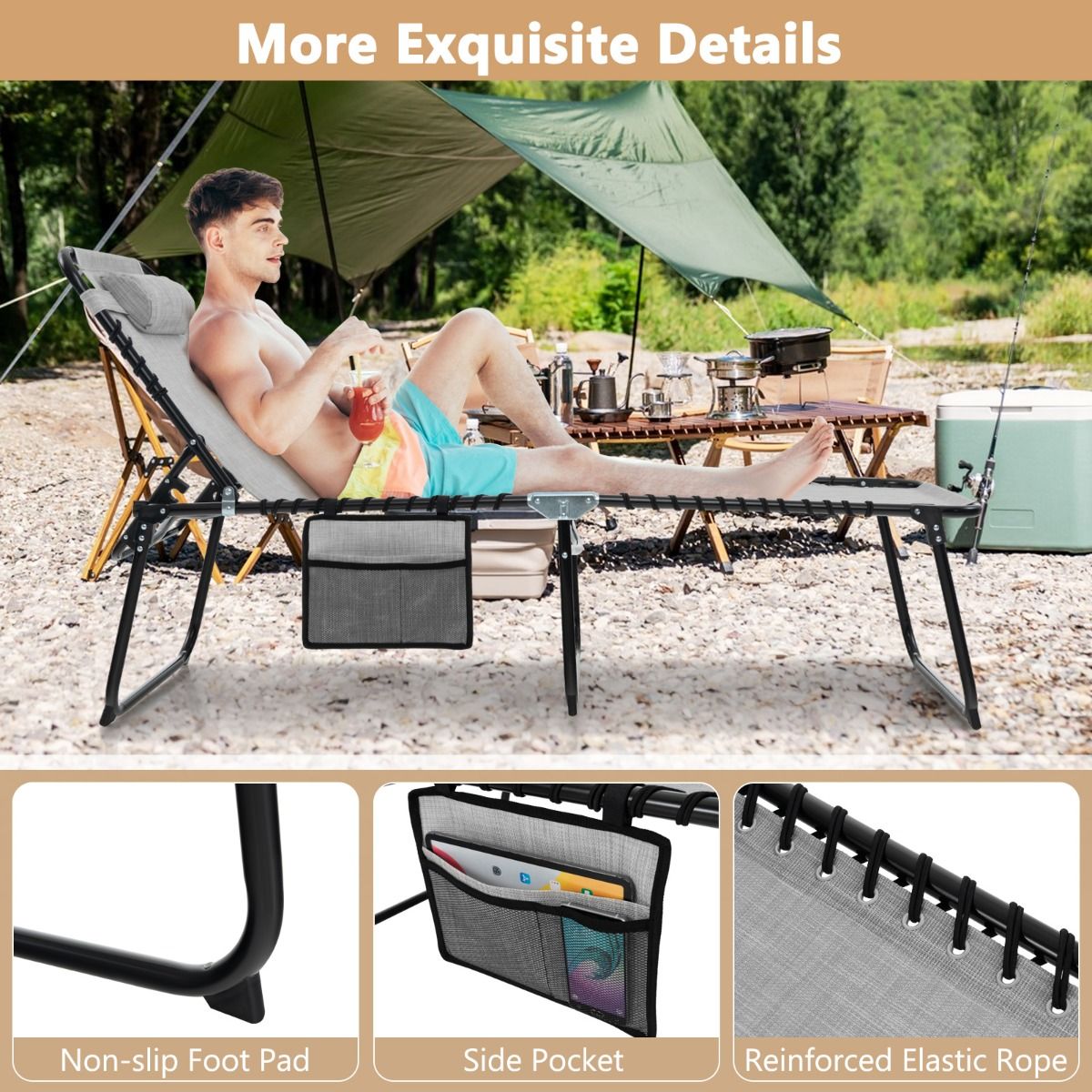 Coast Garden Lounger - Bain de soleil avec poche latérale et appui-tête - pliable - avec dossier réglable - gris