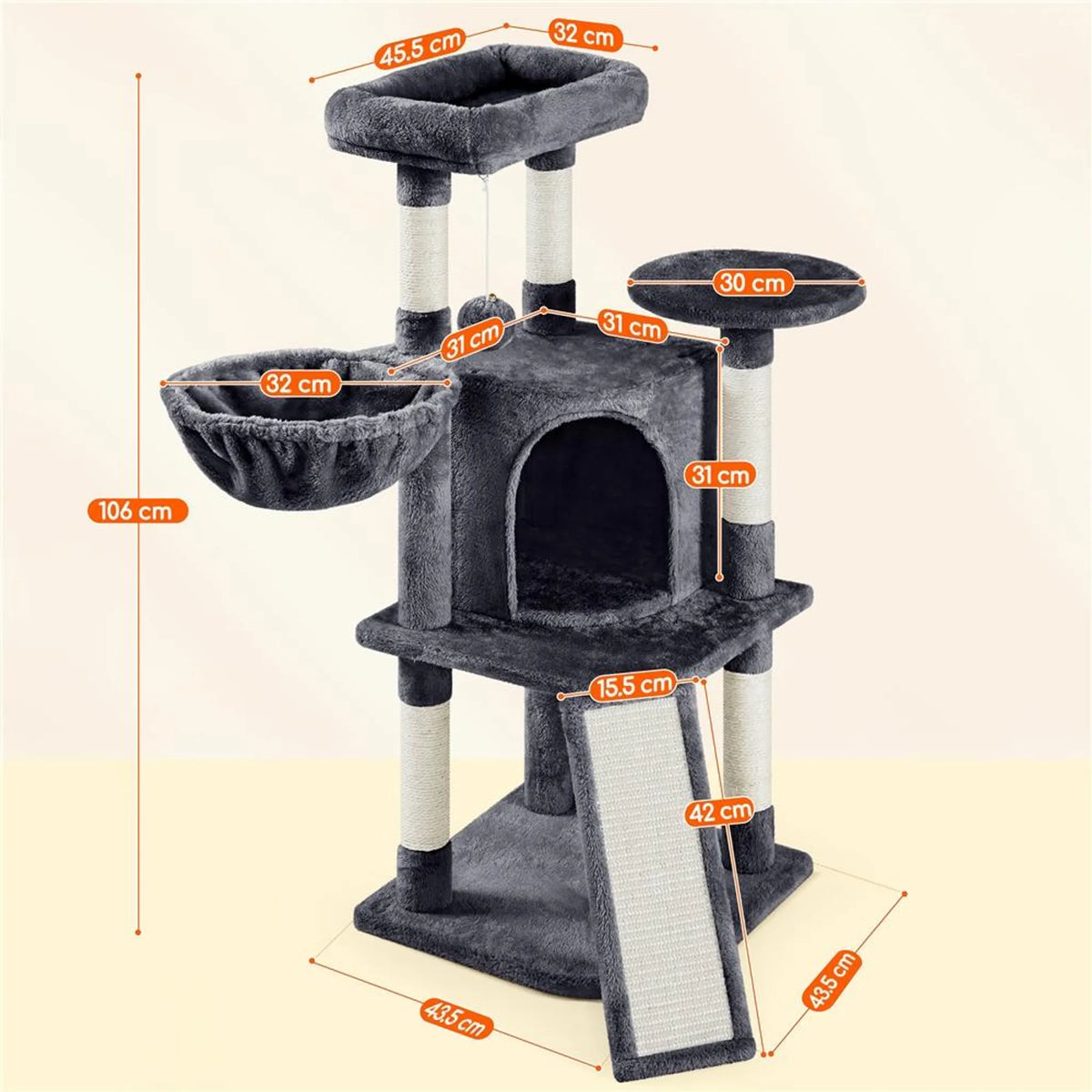 Yaheetech Cat Post With 5 Sisal Poles - Equipped With Padded Viewing Platform And Hammock And Cat Burrow - For 2 To 3 Small And Medium Cats - Dark Grey Plush And Metal - 43,5 x 43,5 x 106 cm