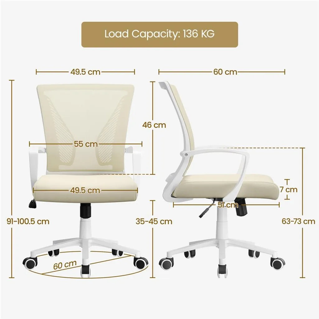 Chaise de bureau ergonomique Yaheetech 60 x 60 x 91-100,5 cm - Beige - Chaise pivotante réglable avec dossier en maille