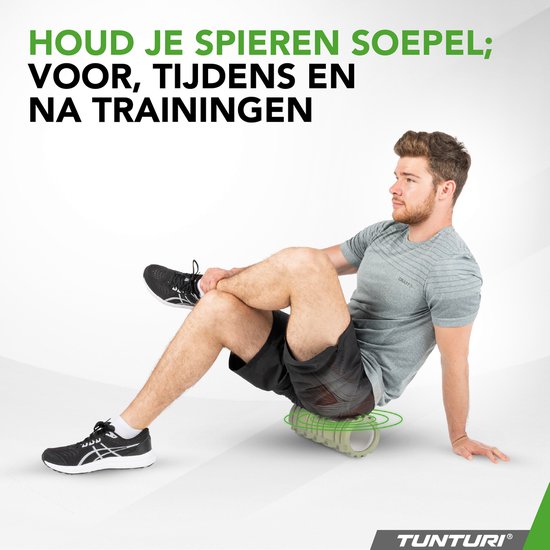 Rouleau en mousse Tunturi Yoga Grid - Rouleau de massage - Rouleau en mousse - Rouleau de fitness - Vert militaire - 33 cm - Application de fitness gratuite incluse