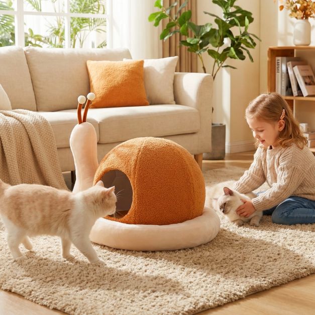 Panier pour chat Coast 2-en-1 en forme d'escargot - Maison pour chat fermée avec coussin amovible et lavable - 56 x 48 x 39 cm - Marron/Blanc
