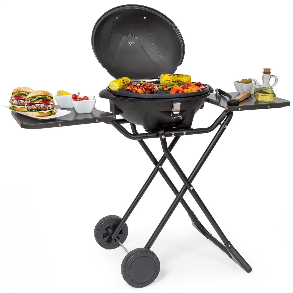 KitchenBrothers Barbecue électrique - avec roues - pliable - revêtement antiadhésif - 46,5 x 33,8cm - jusqu'à 250°C - 2400W - noir