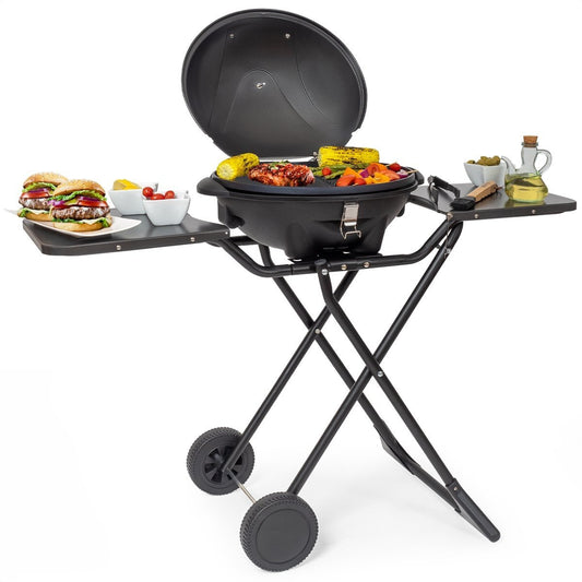 KitchenBrothers Barbecue électrique - avec roues - pliable - revêtement antiadhésif - 46,5 x 33,8cm - jusqu'à 250°C - 2400W - noir