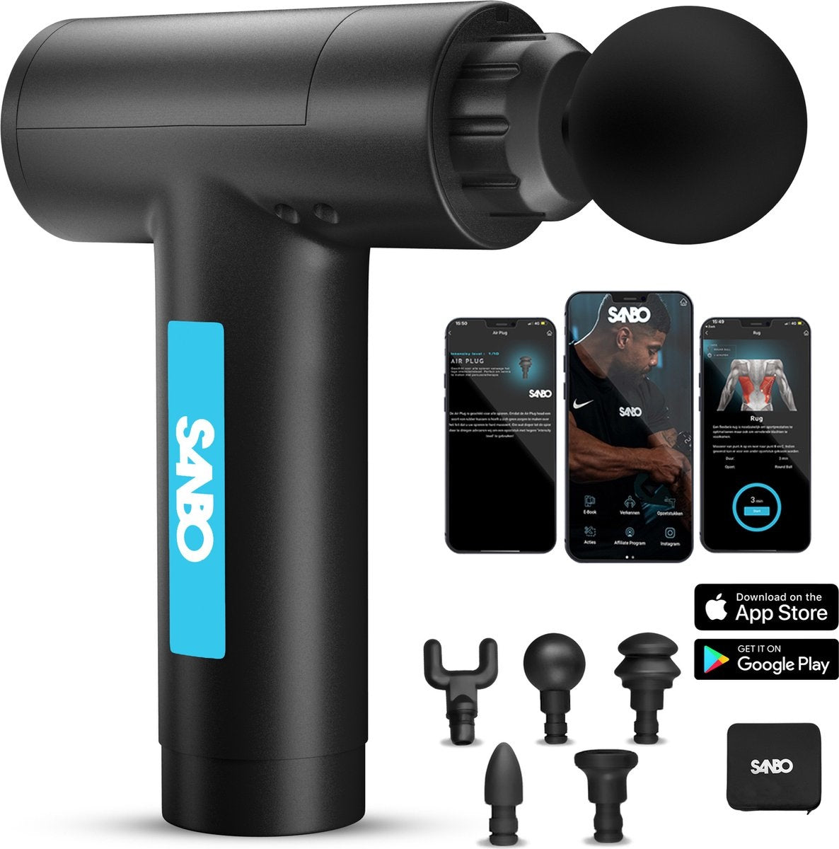 Sanbo Massage Gun Prime - Massage sportif et relaxant - Noir/Bleu - Professional- Includes Case & App - Appareil de massage - Pistolet de massage - Fitness