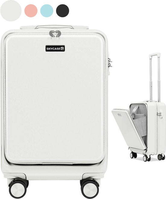 Valise cabine Skycases 35 L - à roulettes légère - Roulettes pivotantes - Cadenas TSA et compartiment pour ordinateur portable - avec poche avant pratique - 55 cm - Blanc cassé