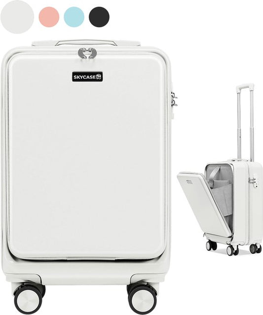 Valise cabine Skycases 35 L - à roulettes légère - Roulettes pivotantes - Cadenas TSA et compartiment pour ordinateur portable - avec poche avant pratique - 55 cm - Blanc cassé