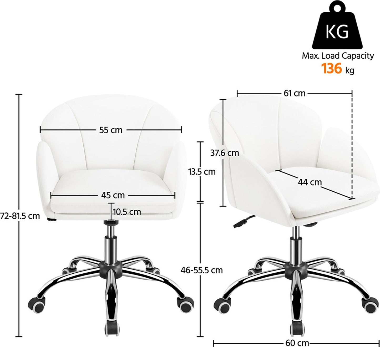 Chaise de bureau Yaheetech, chaise pivotante à roulettes - hauteur réglable - simili-cuir - charge maximale de 136 kg - 60 x 61 x 72-81,5 cm - blanche
