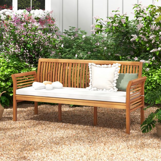 Banc de jardin Coast 3 places en bois d'acacia avec coussins – 159 x 59 x 77 cm – Naturel