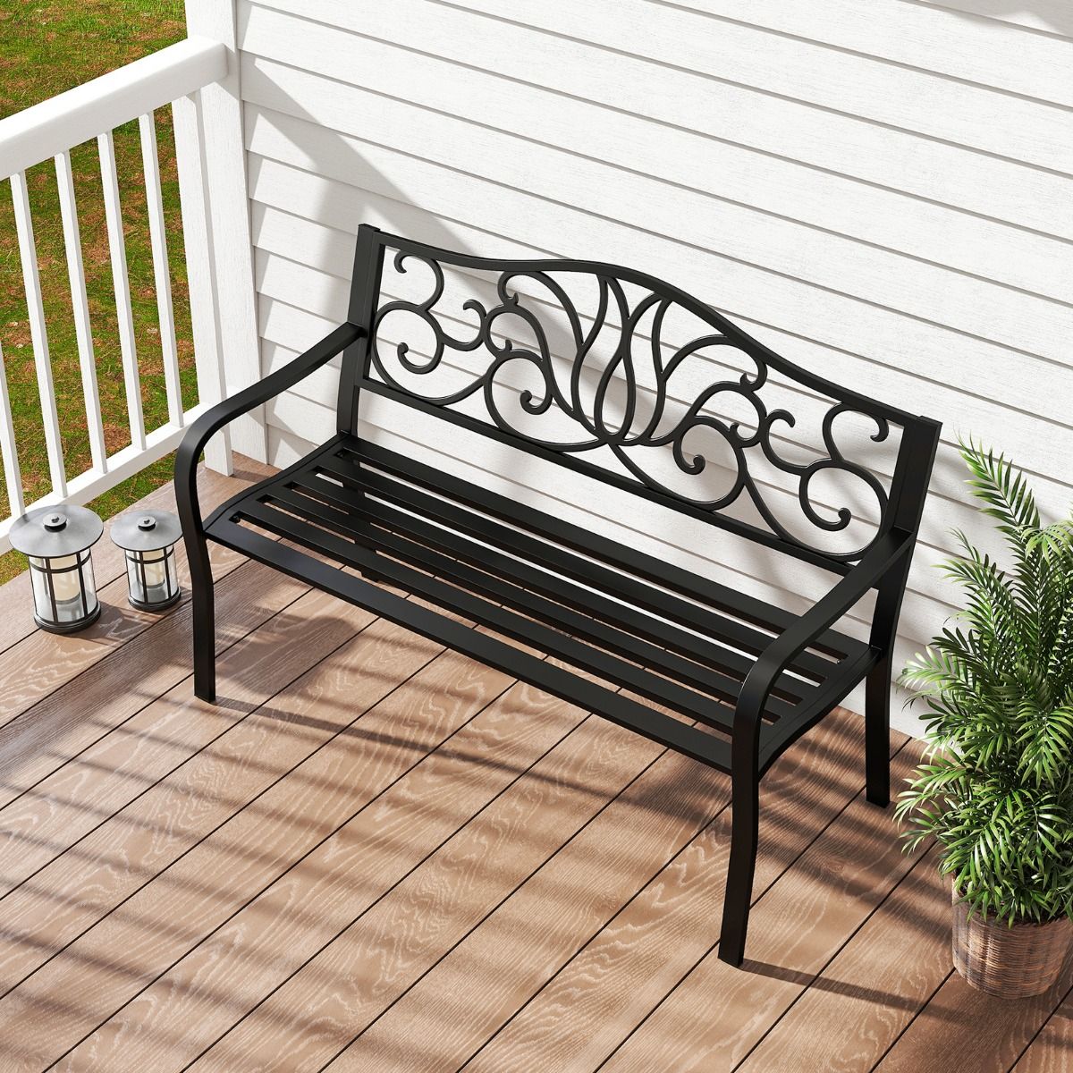 coast Garden Bench Black - dossier en fonte avec motif floral - 127 x 61 x 89 cm - Banc de terrasse 2-3 personnes avec accoudoirs