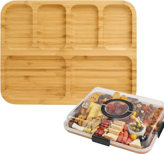 Plateau apéritif Latium en bambou avec couvercle et poignée - Plateau à tapas de luxe - Plateau de service - E-book gratuit inclus - Cadeau de Noël pour femmes ou hommes