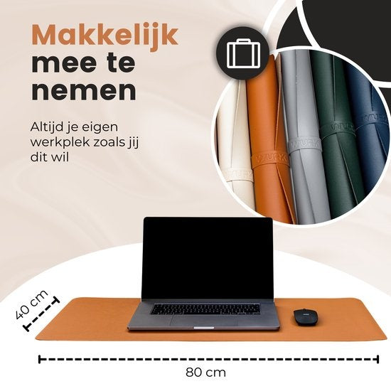 WURK Tapis de bureau professionnel en cuir synthétique - Organisateur de bureau - Accessoires de bureau - Tapis de souris XXL- Inclut un clip pour câble - 80x40 - Cognac Brown