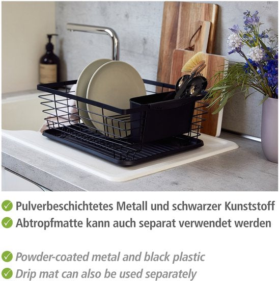 WENKO Égouttoir Drip noir 36 x 30 cm avec bac d'égouttage et porte-couverts - Égouttoir à vaisselle - Égouttoir avec bac d'égouttage noir
