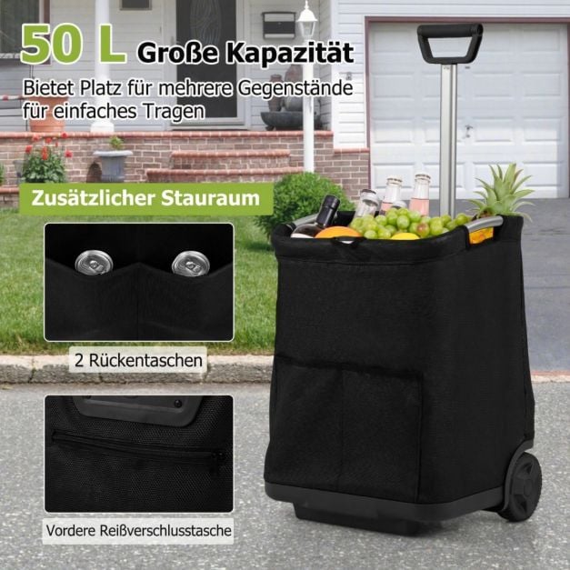 Coast Shopping Trolley Black - Chariot pliable de 50 litres avec 3 compartiments et poignée réglable - 40 x 36 x 58/90 cm